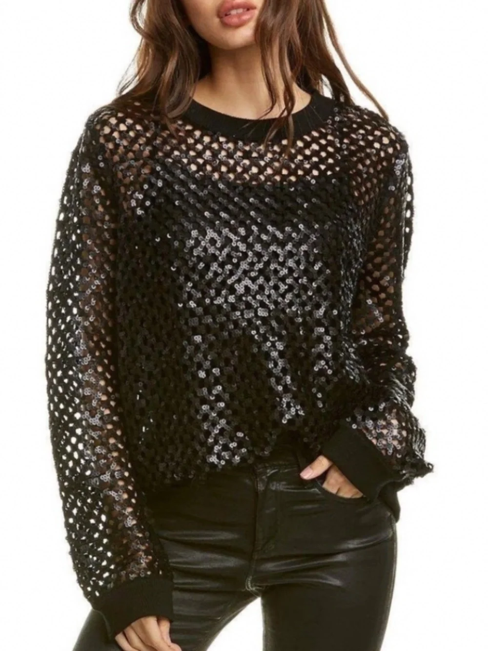 Tory Burch Black Lansing Merino Wool Blend Open Knit Sequin Sweater Women's M